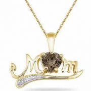 Smokey Quartz and Diamond MOM Necklace, 10K Yellow Gold