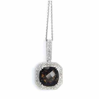 Smoky Quartz and Diamond Halo Necklace in 925 Sterling Silver -  - MK-PB1595ASKD