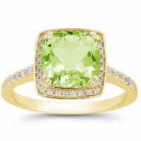 Square Cushion-Cut Light Green Peridot Diamond Halo Ring Yellow Gold