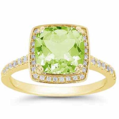 Square Cushion-Cut Light Green Peridot Diamond Halo Ring Yellow Gold -  - RXP-10R-1500PDY