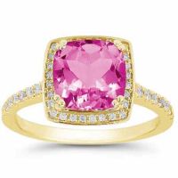 Square Cushion-Cut Pink Topaz and Diamond Halo Ring in 14K Yellow Gold
