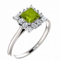 Square Green Peridot Princess-Cut Diamond Halo Ring