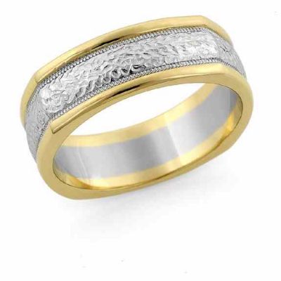 Square Hammered Wedding Band, 14K Two-Tone Gold -  - HC-17