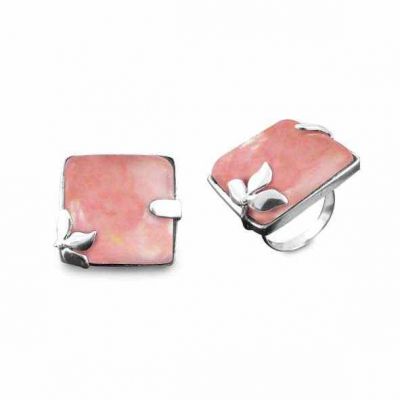 Square Peru Pink Opal Flower Ring in Silver -  - NRB-6196-PPOP-R