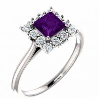 Square Princess-Cut Purple Amethyst and Diamond Halo Ring