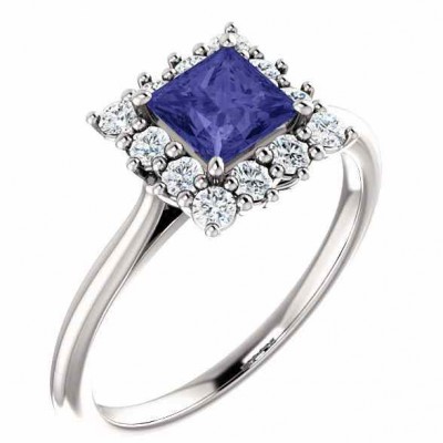 Real Tanzanite Princess-Cut Halo Ring, Sterling Silver -  - STLRG-71606TZSS