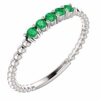 Stackable Beaded Emerald Band Ring, 14 Karat White Gold