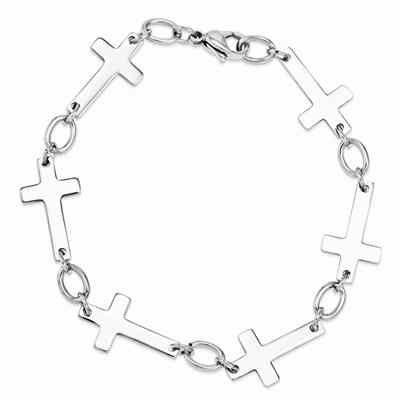 Stainless Steel Polished Sideways Cross Bracelet -  - SRB1129-8