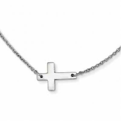 Stainless Steel Small Polished Sideways Cross Necklace -  - QG-SRN1209-16
