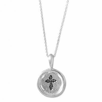 Stamped Christian Cross Disc Necklace, Sterling Silver -  - MMACR-33988