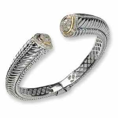 Sterling Silver and 14K Gold Diamond Hinged Bangle Bracelet -  - QG-QTC11