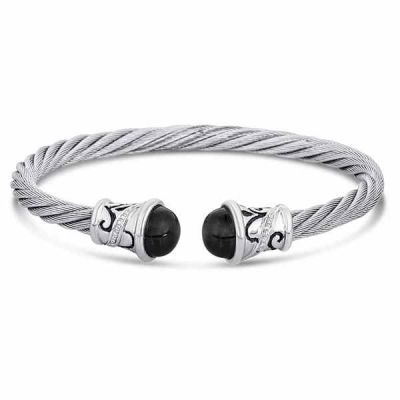 Sterling Silver and Stainless Steel Bangle Bracelet with Black Onyx -  - MK-BB410AOND