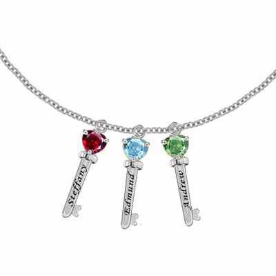 Sterling Silver Family Key Charm Necklace w/  3 CZ Stones -  - JAPD-MP30516-3-SS