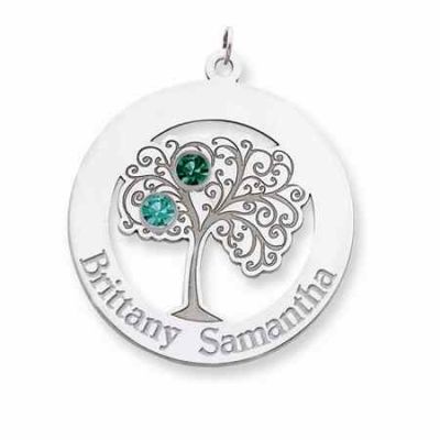 Sterling Silver Family Tree Circle Pendant with 2 Stones -  - QMP102SS