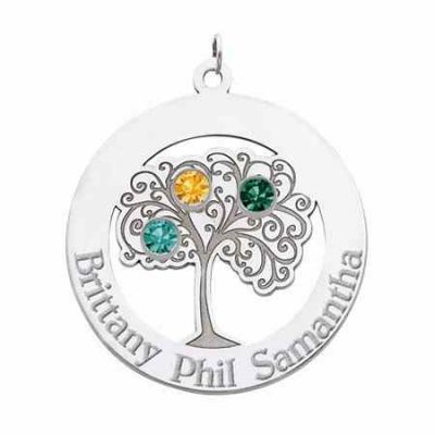 Sterling Silver Family Tree Circle Pendant with 3 Stones -  - QMP103SS