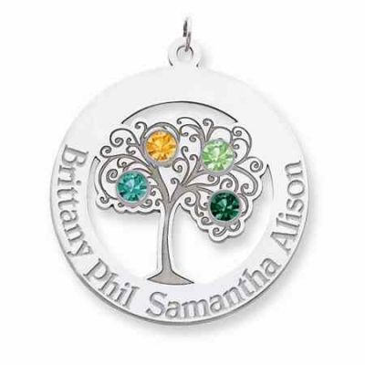 Sterling Silver Family Tree Circle Pendant with 4 Stones -  - QMP104SS