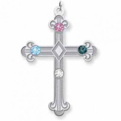 Sterling Silver Fleur De Lis Cross with 4 Stones -  - QMP34SS