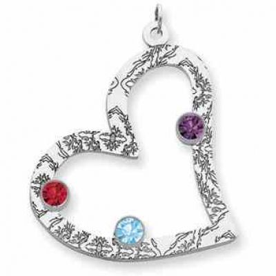 Sterling Silver Floral Heart Family Pendant with 3 Stones -  - QMP23SS