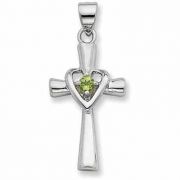 Sterling Silver Heart and Cross Pendant with Peridot Accent