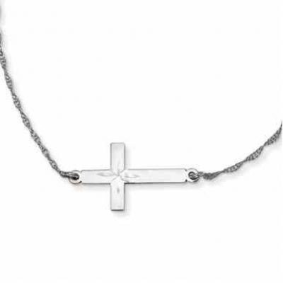 Sterling Silver Large Diamond Cut Sideways Cross Necklace -  - QG-QG3467-18