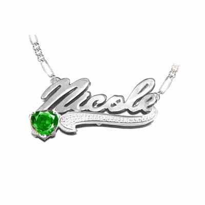 Sterling Silver Name Pendant with Heart Birthstone and Figaro Necklace -  - JAPD-NP30522-SS