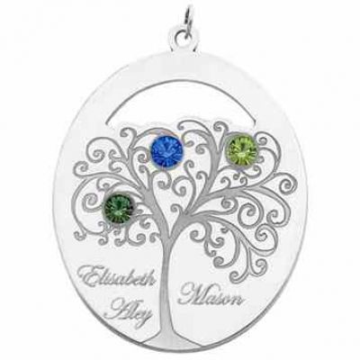 Sterling Silver Oval Family Tree Pendant with 3 Stones -  - QMP93SS