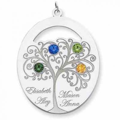 Sterling Silver Oval Family Tree Pendant with 4 Stones -  - QMP94SS