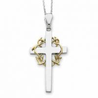 Sterling Silver Thorn and Cross Pendant with 14K Gold Accent