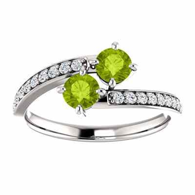 Sterling Silver Two Stone Peridot Ring with CZ Accents -  - STLRG-122933RPDCZSS