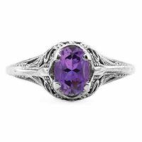 Swan Design Vintage Style Oval Cut Amethyst Ring in 14K White Gold