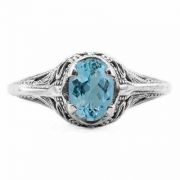 Swan Design Vintage Style Oval Cut Blue Topaz Ring in Sterling Silver