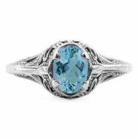 Swan Design Vintage Style Oval Cut Blue Topaz Ring in 14K White Gold
