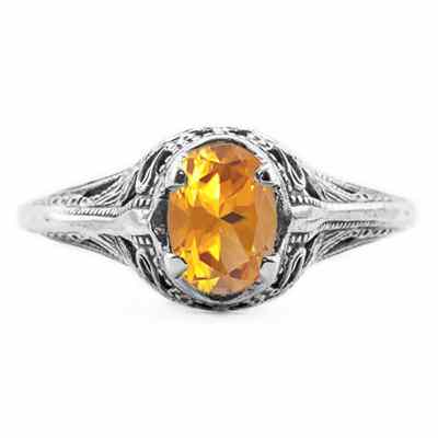 Swan Design Vintage Style Oval Cut Citrine Ring in 14K White Gold -  - HGO-OV030CTW