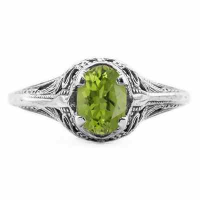 Swan Design Vintage Style Oval Cut Peridot Ring in 14K White Gold -  - HGO-OV030PDW