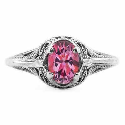 Swan Design Vintage Style Oval Cut Pink Topaz Ring in 14K White Gold -  - HGO-OV030PTW