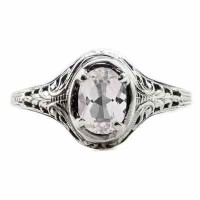 Swan Design Vintage Style Oval Cut White Topaz Ring in 14K White Gold