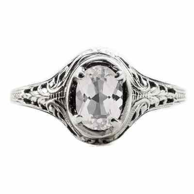 Swan Design Vintage Style Oval Cut White Topaz Ring in 14K White Gold -  - HGO-OV030WTW