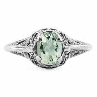 Swan  Vintage Style Oval Cut Green Amethyst Ring 14K White Gold