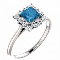 Swiss-Blue Princess-Cut Topaz and Diamond Halo Ring