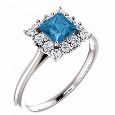 Swiss-Blue Princess-Cut Topaz and Diamond Halo Ring -  - STLRG-71606SBT