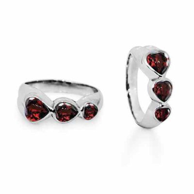 Three Hearts Silver Garnet Ring -  - NRB-7527-GAR-R