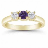 Three Stone Amethyst and Diamond Ring, 14K Gold