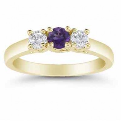 Three Stone Amethyst and Diamond Ring, 14K Gold - - AOGRG-608DAMY Three Stone Amethyst and Diamond Ring, 14K Gold - - AOGRG-608DAMY