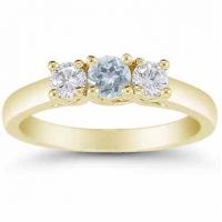 Three Stone Aquamarine and Diamond Ring, 14K Gold