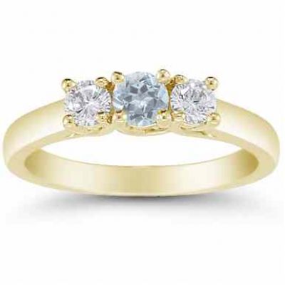 Three Stone Aquamarine and Diamond Ring, 14K Gold -  - AOGRG-608AQDY