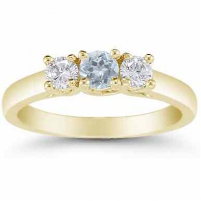 Three Stone Aquamarine and Diamond Ring, 14K Gold - - AOGRG-608AQDY Three Stone Aquamarine and Diamond Ring, 14K Gold - - AOGRG-608AQDY