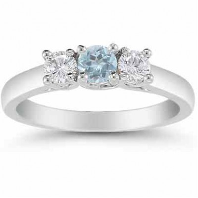 Three Stone Aquamarine and Diamond Ring, 14K White Gold - - AOGRG-608AQDW Three Stone Aquamarine and Diamond Ring, 14K White Gold - - AOGRG-608AQDW