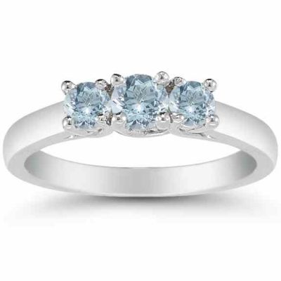 Three Stone Aquamarine Ring, 14K White Gold -  - AOGRG-608AQW
