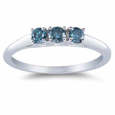 Three Stone Blue Diamond Ring, 14K White Gold -  - AOGBLDRG-3