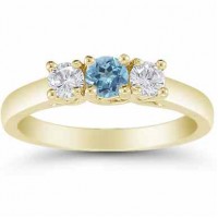 Three Stone Blue Topaz and Diamond Ring, 14K Gold Three Stone Blue Topaz and Diamond Ring, 14K Gold